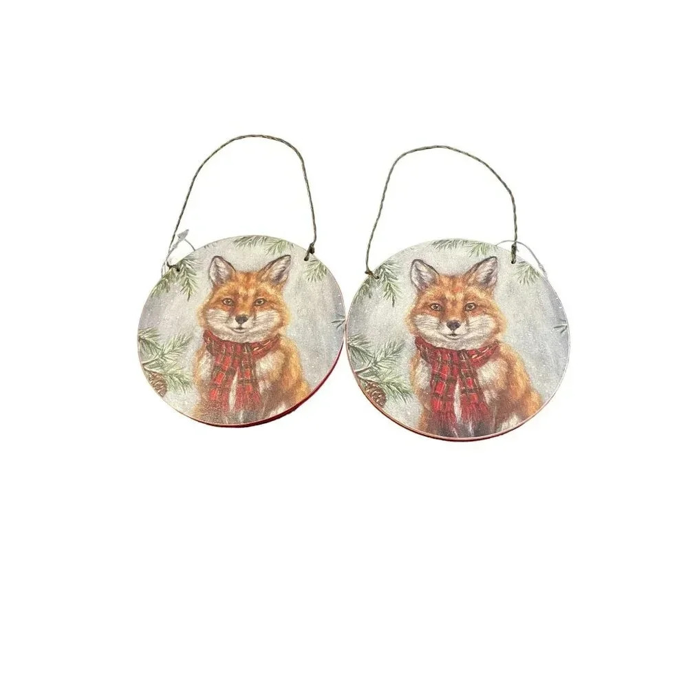 Fox Christmas Ornaments With Red Scarf Evergreen Background 4 x 4‎ Set Of 2 Farm